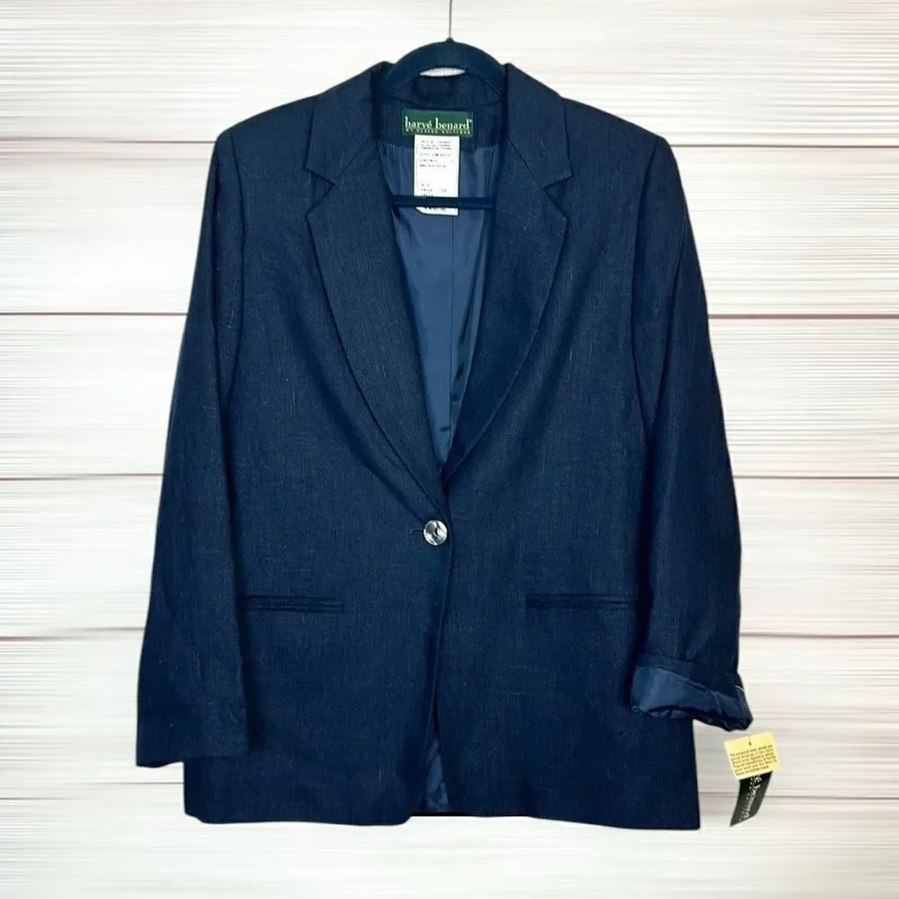 NWT Harve Benard Blue Linen Blazer Single Button Front  US 10 Vintage